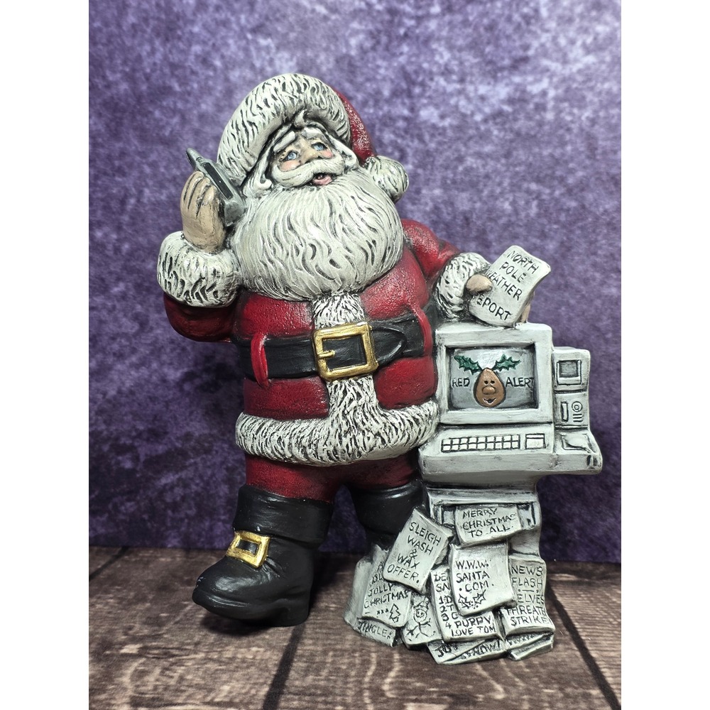 Vintage Santa Claus Figurine with Cell Phone and Computer Red Alert HolidayDecor